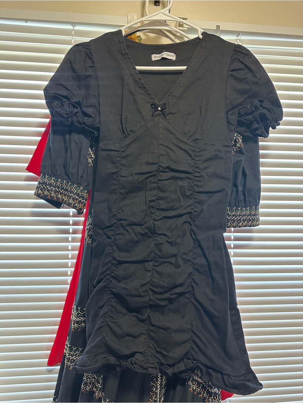 Nana Jacqueline Black V-Neck Ruched Mini Dress with Puff Sleeves